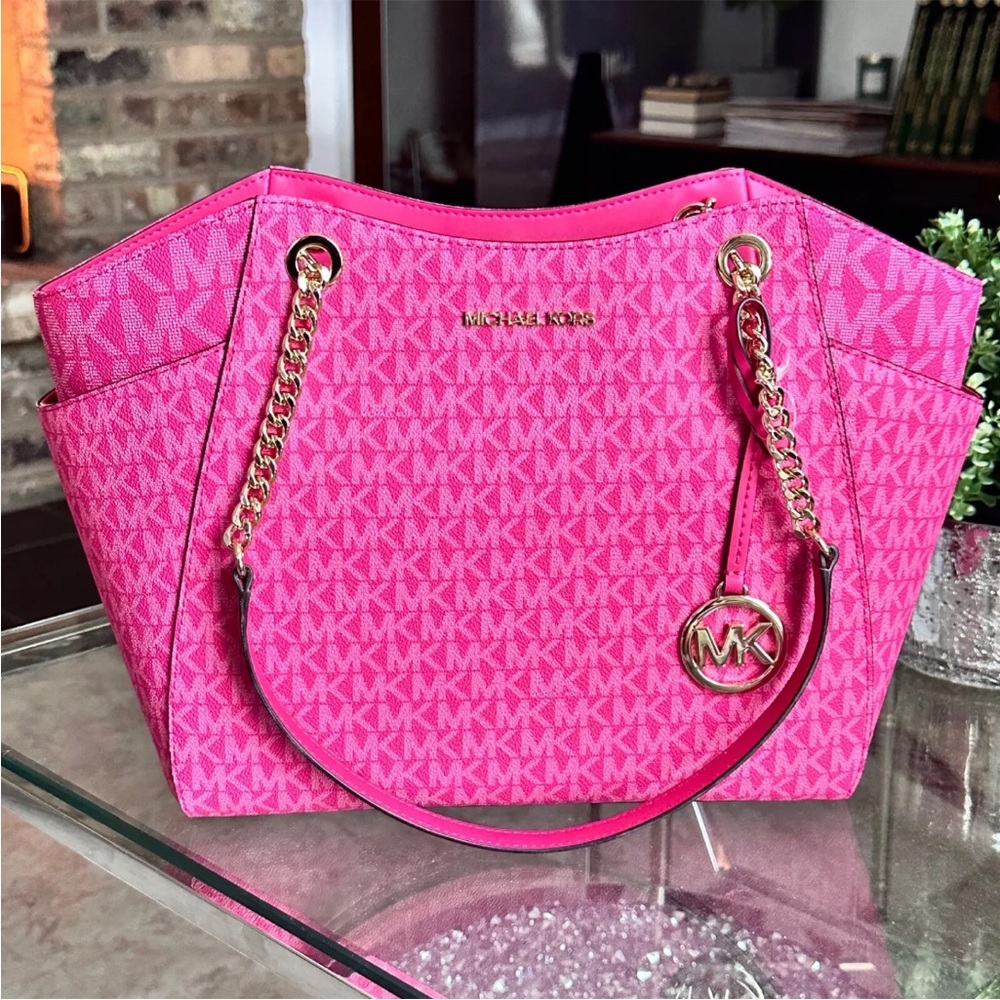 Michael Kors Jet Set Travel Large Chain Shoulder Tote MK Logo Bag Electric Pink - Picture 6 of 10